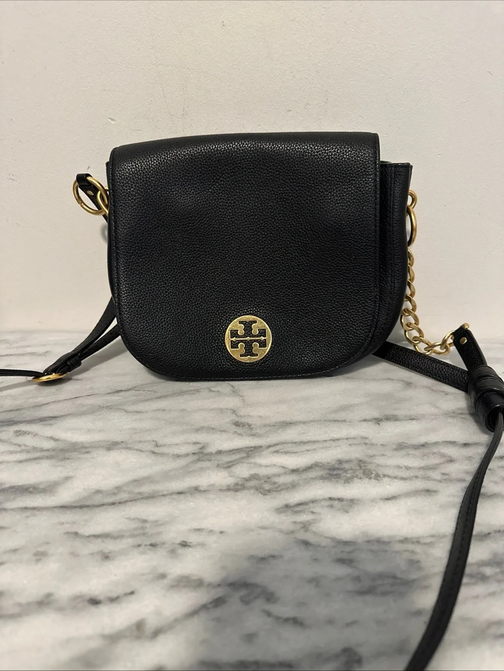 Tory Burch Black Pebbled Leather Crossbody Bag with Gold Logo Accent